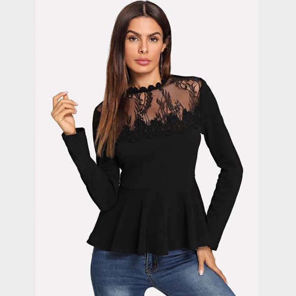 Rouge! Tops - Lace Detail Black Peplum Long Sleeve Top